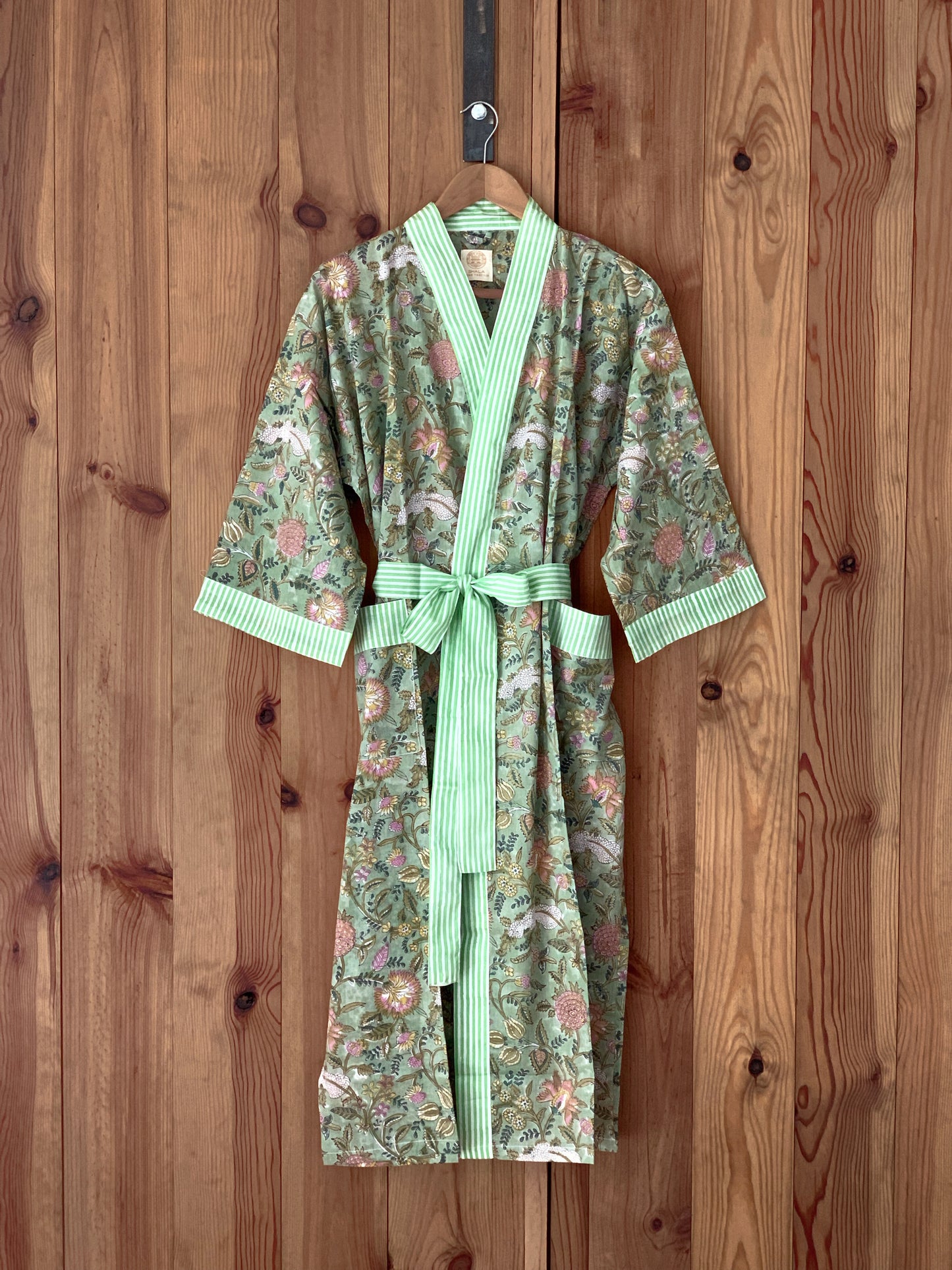 SET regalo · Bata kimono y bolsa de aseo juego · Algodón 100% puro estampado block print artesanal en India · Verde morado