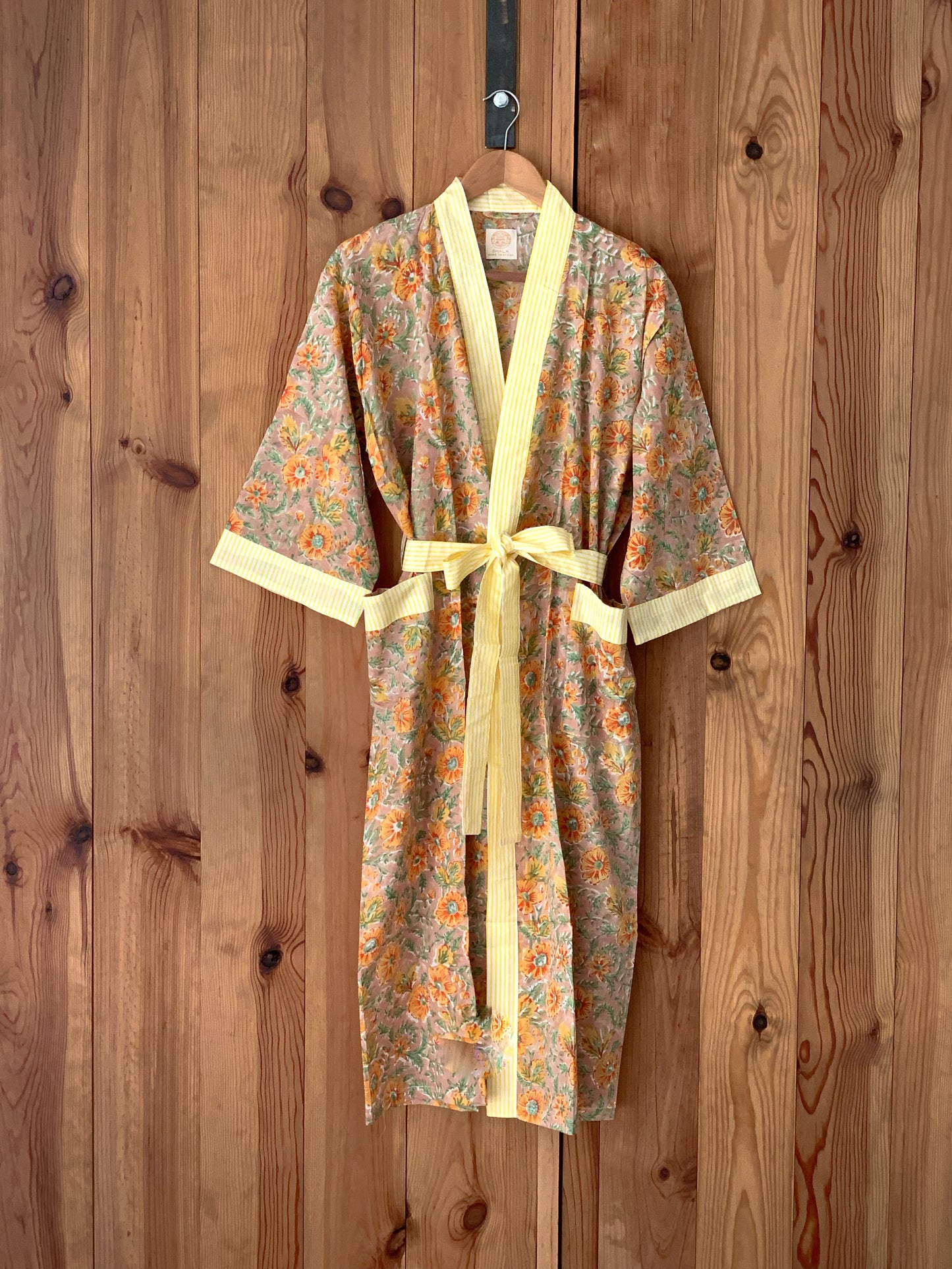 SET regalo · Bata kimono y bolsa de aseo juego · Algodón 100% puro estampado block print artesanal en India · Amarillo mix