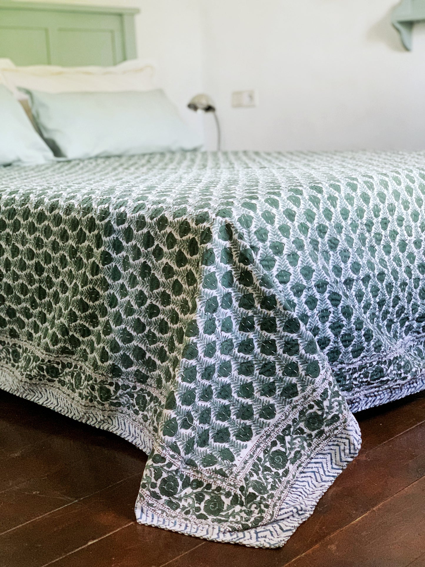 Kantha algodón 100% estampado artesanal block print India · Plaid · Colcha verano · Cubre sofá hindú · Flores verde