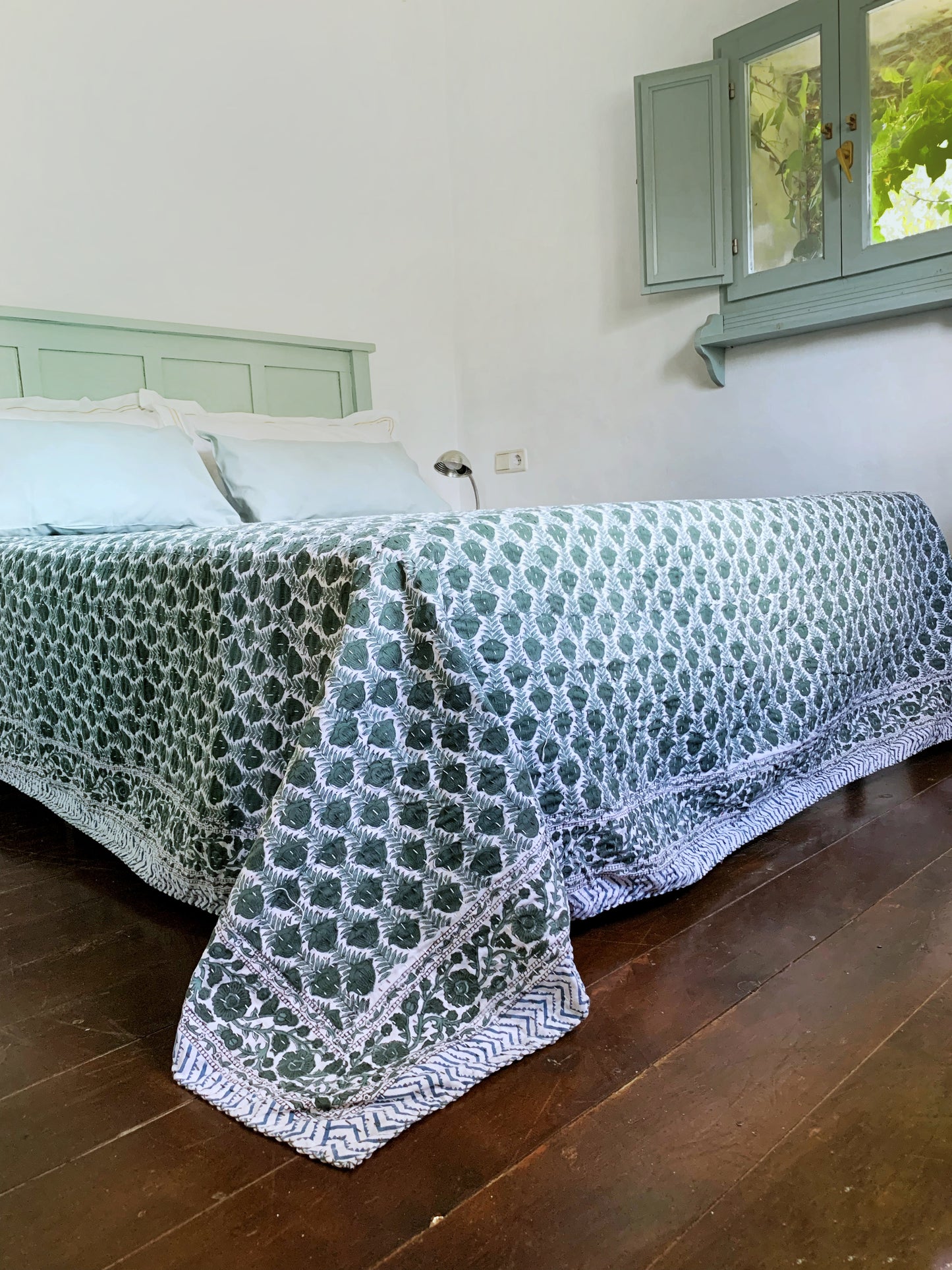 Kantha algodón 100% estampado artesanal block print India · Plaid · Colcha verano · Cubre sofá hindú · Flores verde