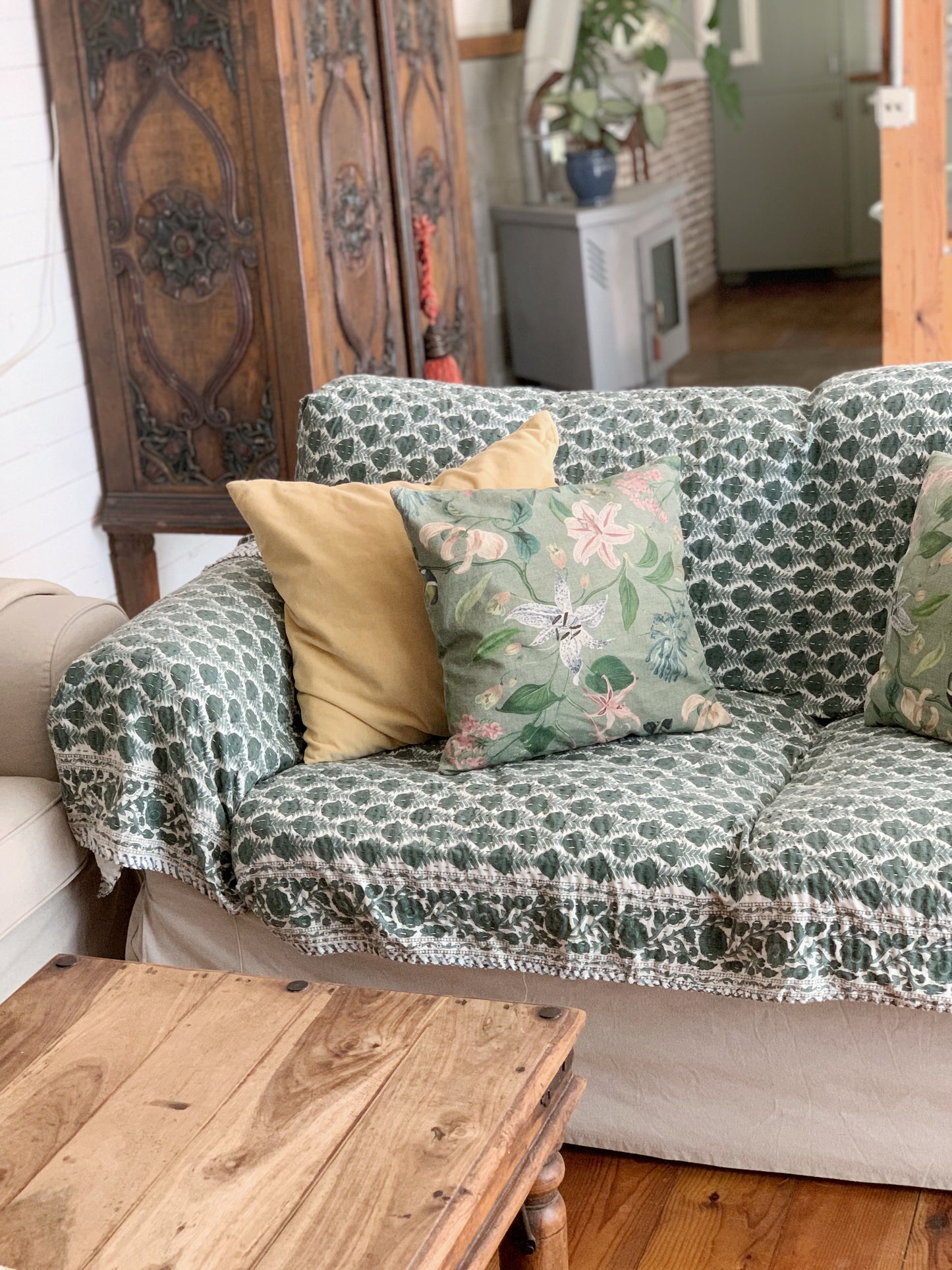 Kantha algodón 100% estampado artesanal block print India · Plaid · Colcha verano · Cubre sofá hindú · Flores verde