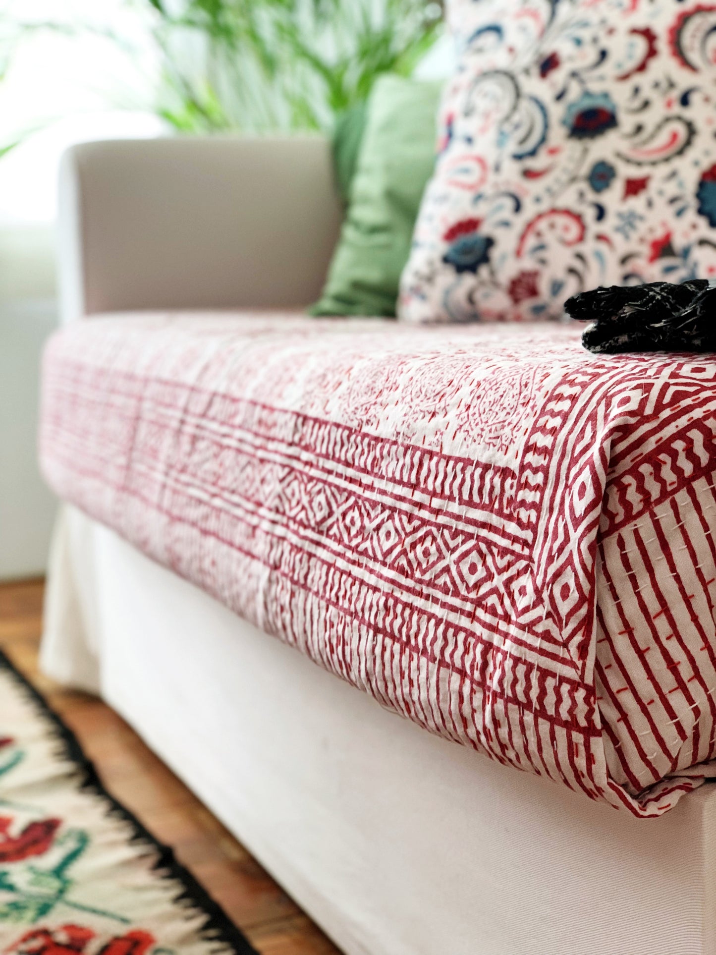 Kantha algodón 100% estampado artesanal block print India · Plaid · Colcha verano · Cubre sofá hindú · Motivos rojo blanco