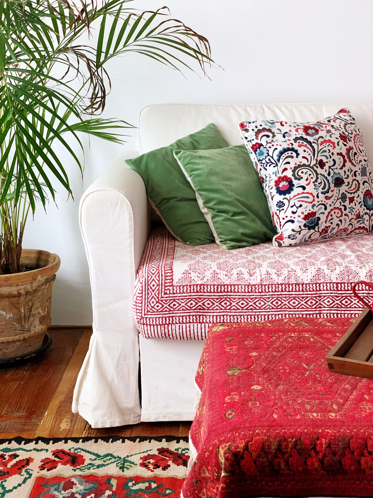 Kantha algodón 100% estampado artesanal block print India · Plaid · Colcha verano · Cubre sofá hindú · Motivos rojo blanco