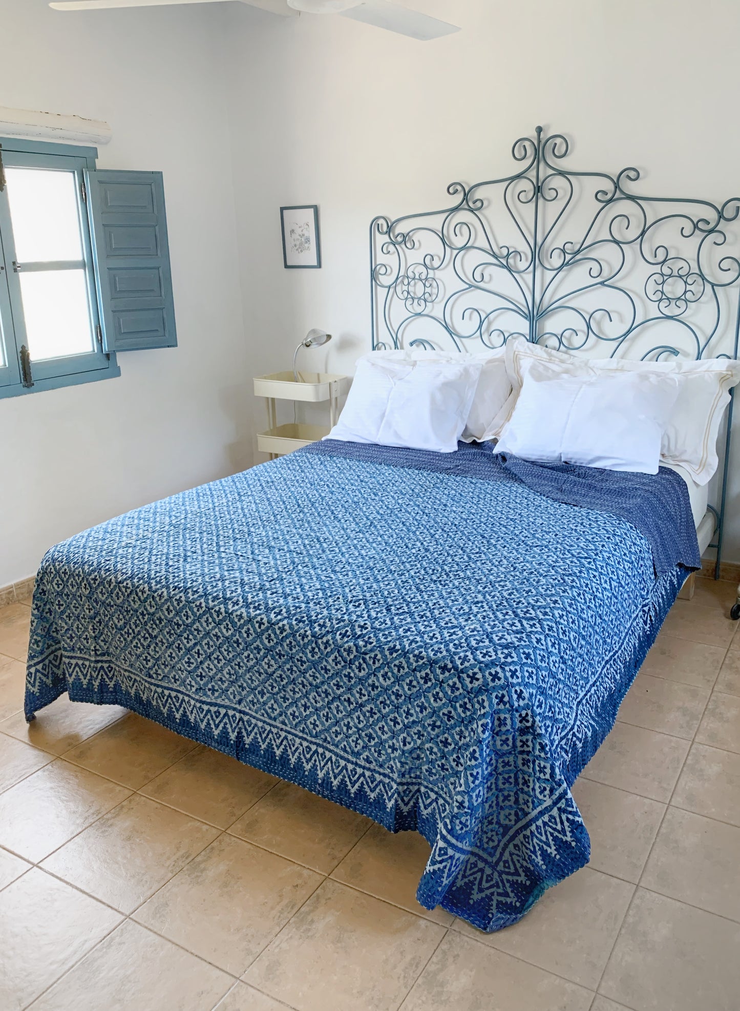Kantha algodón 100% estampado artesanal block print India · Plaid · Colcha verano · Cubre sofá hindú · Geométrico azul índigo