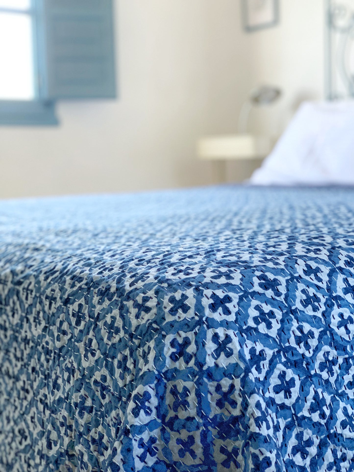 Kantha algodón 100% estampado artesanal block print India · Plaid · Colcha verano · Cubre sofá hindú · Geométrico azul índigo