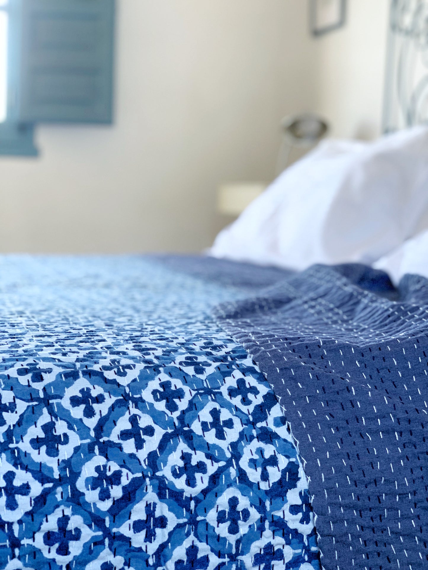 Kantha algodón 100% estampado artesanal block print India · Plaid · Colcha verano · Cubre sofá hindú · Geométrico azul índigo