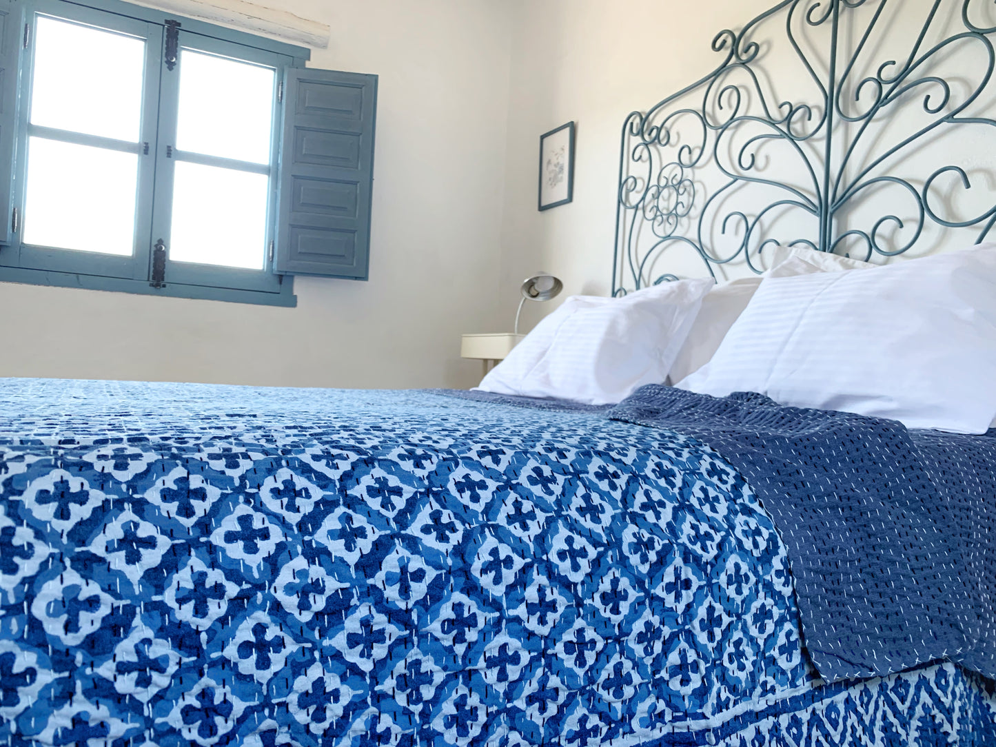 Kantha algodón 100% estampado artesanal block print India · Plaid · Colcha verano · Cubre sofá hindú · Geométrico azul índigo