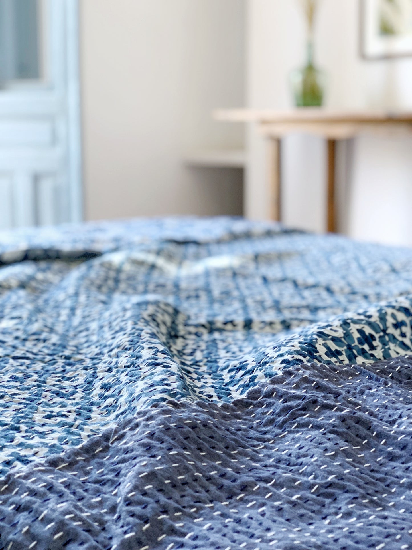 Kantha algodón 100% estampado artesanal block print India · Plaid · Colcha verano · Cubre sofá hindú · Geométrico azul índigo