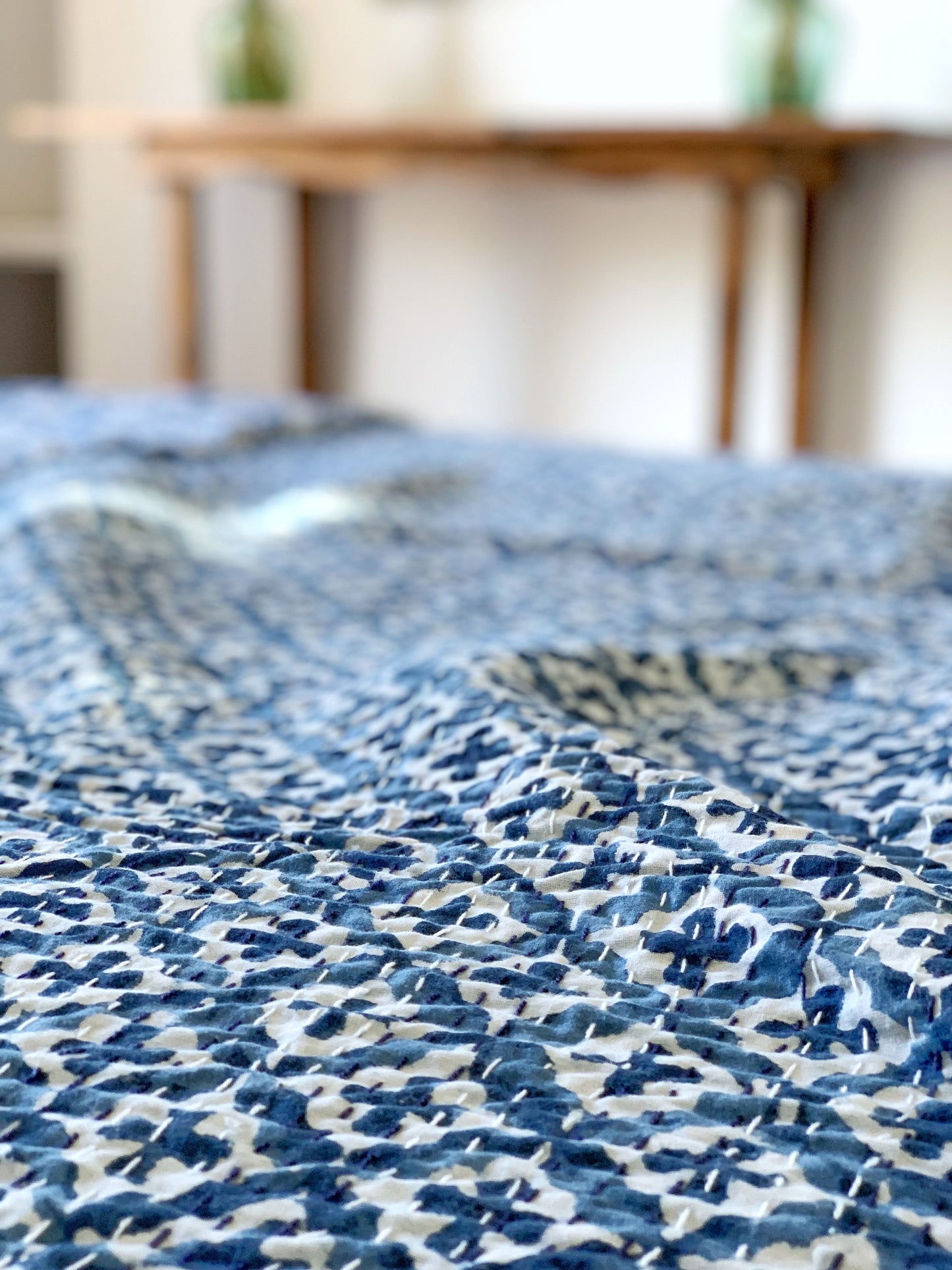 Kantha algodón 100% estampado artesanal block print India · Plaid · Colcha verano · Cubre sofá hindú · Geométrico azul índigo