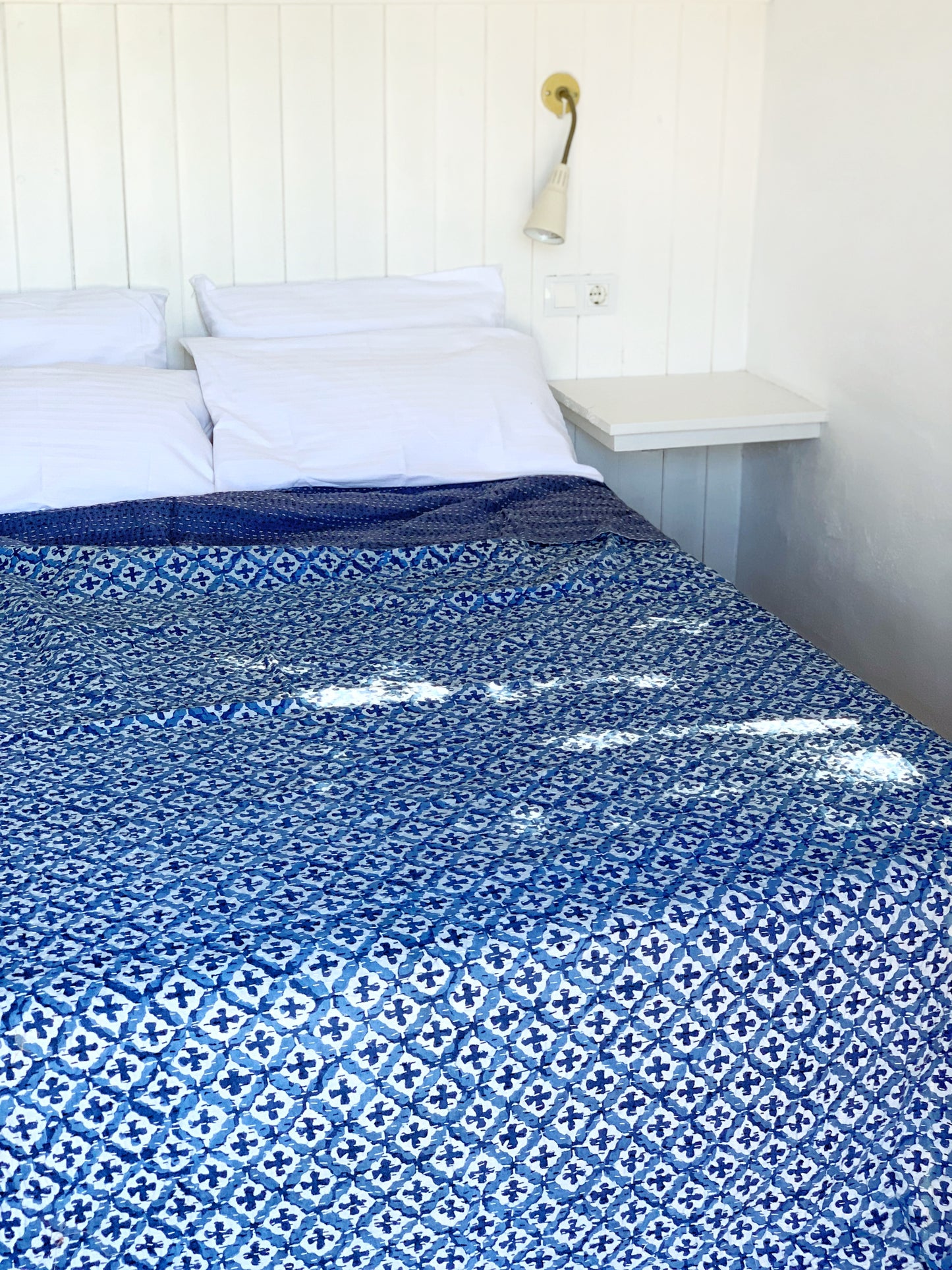 Kantha algodón 100% estampado artesanal block print India · Plaid · Colcha verano · Cubre sofá hindú · Geométrico azul índigo