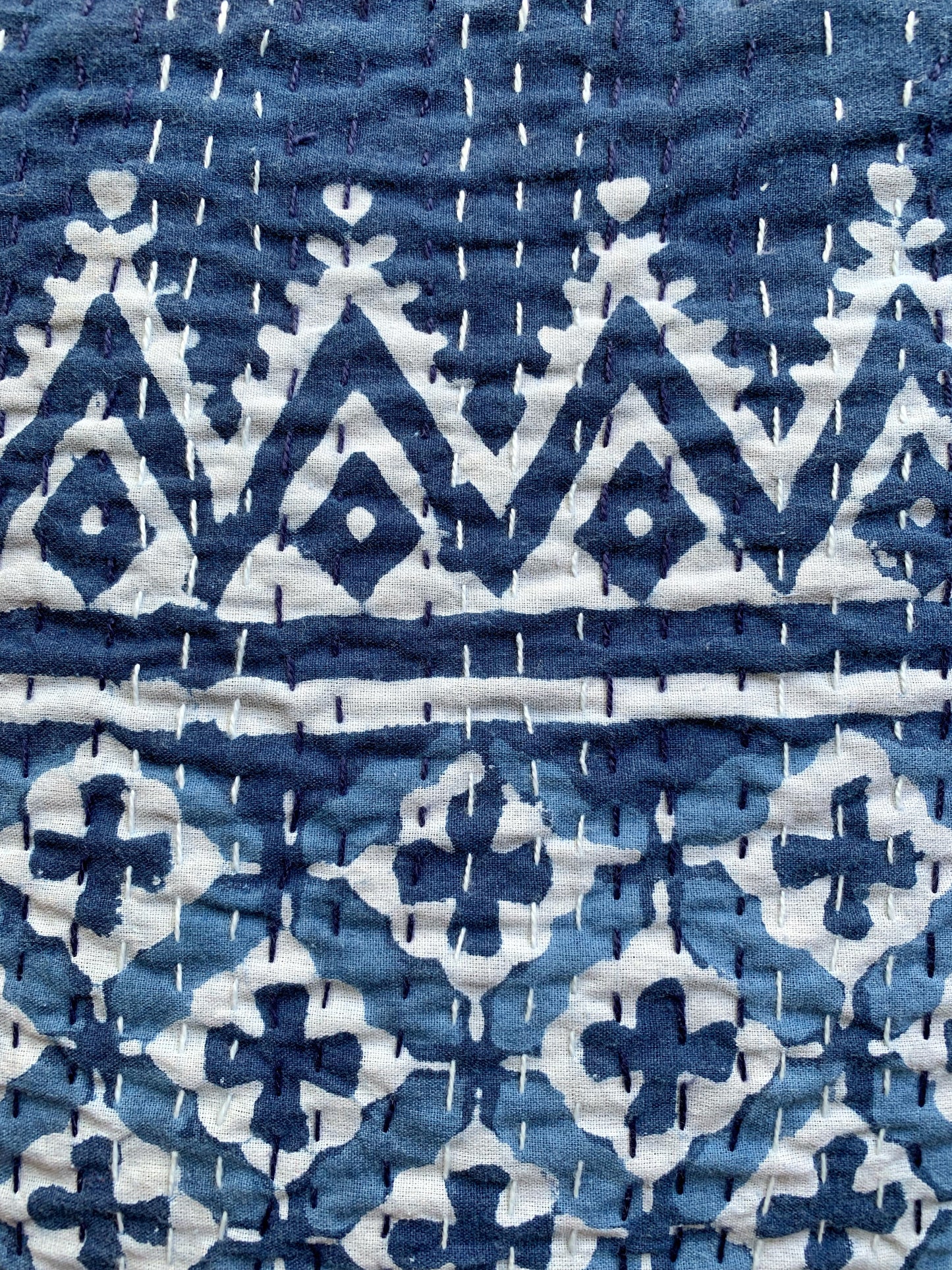 Kantha algodón 100% estampado artesanal block print India · Plaid · Colcha verano · Cubre sofá hindú · Geométrico azul índigo