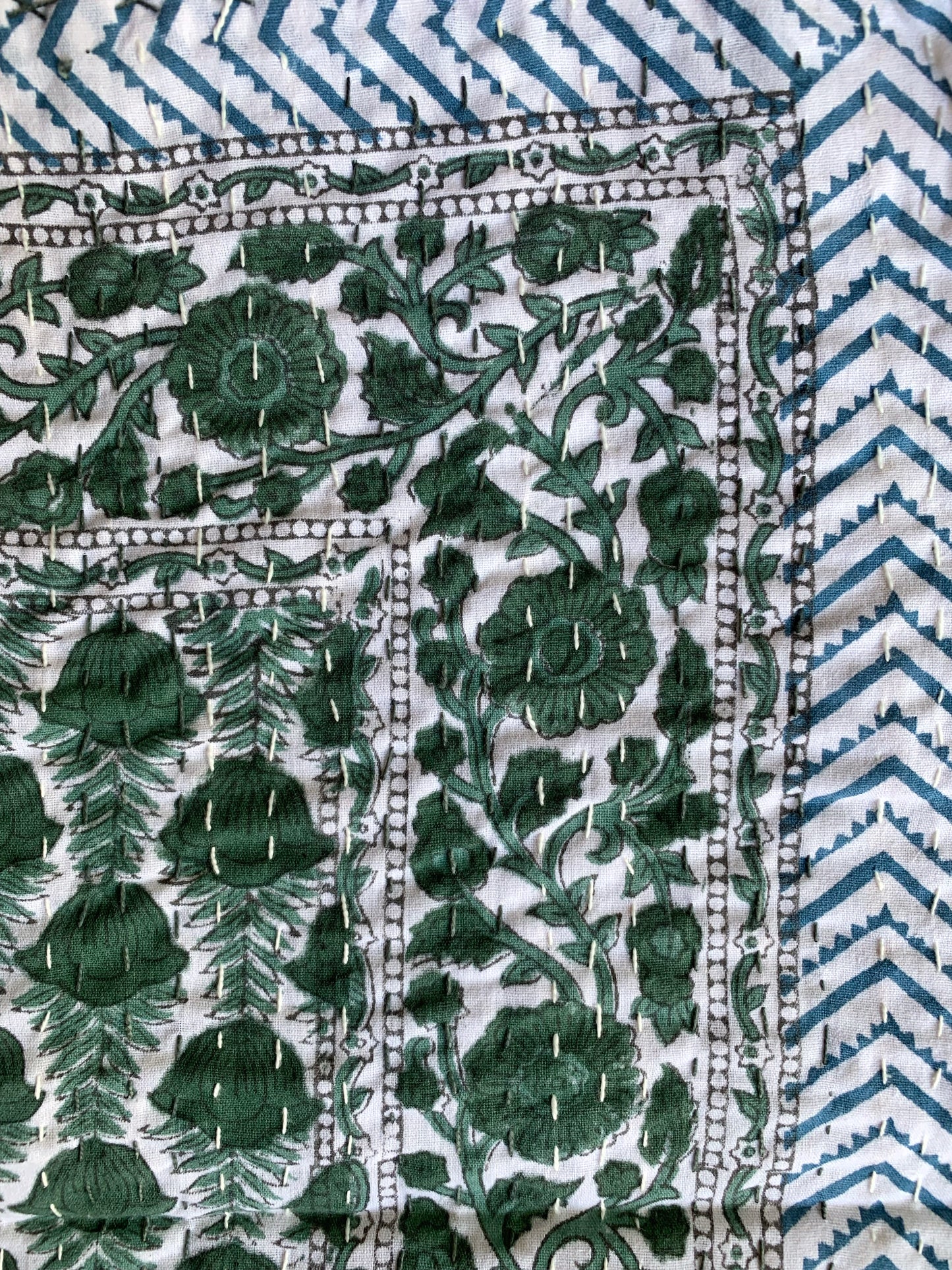 Kantha algodón 100% estampado artesanal block print India · Plaid · Colcha verano · Cubre sofá hindú · Flores verde