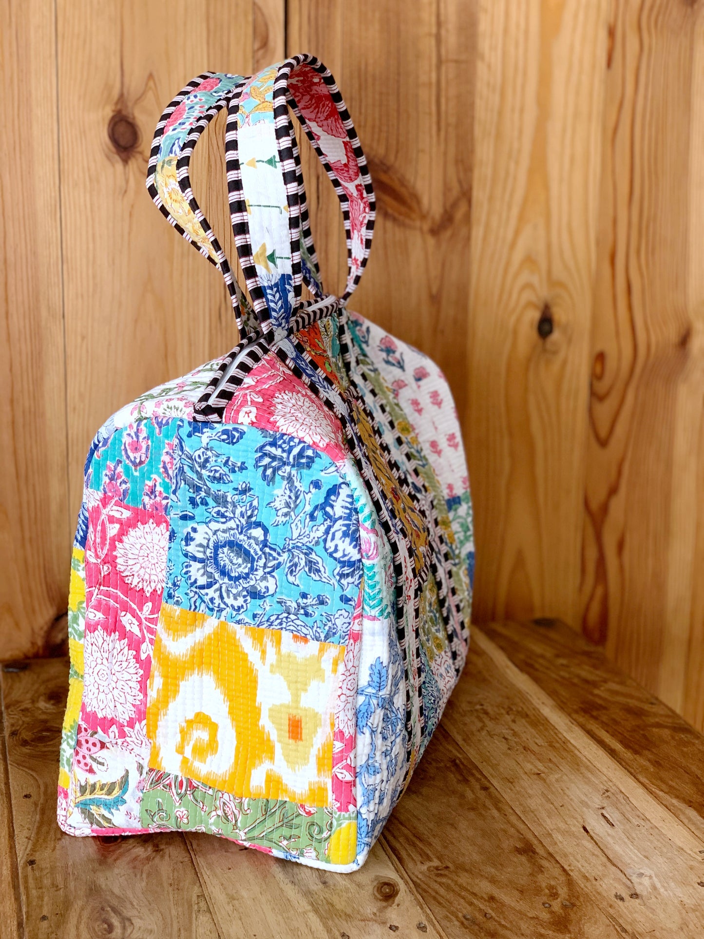 Bolsa viaje fin de semana gimnasio acolchada · Algodón puro estampado block print en India · Bolso bebé enguatado boho hindú · Patchwork