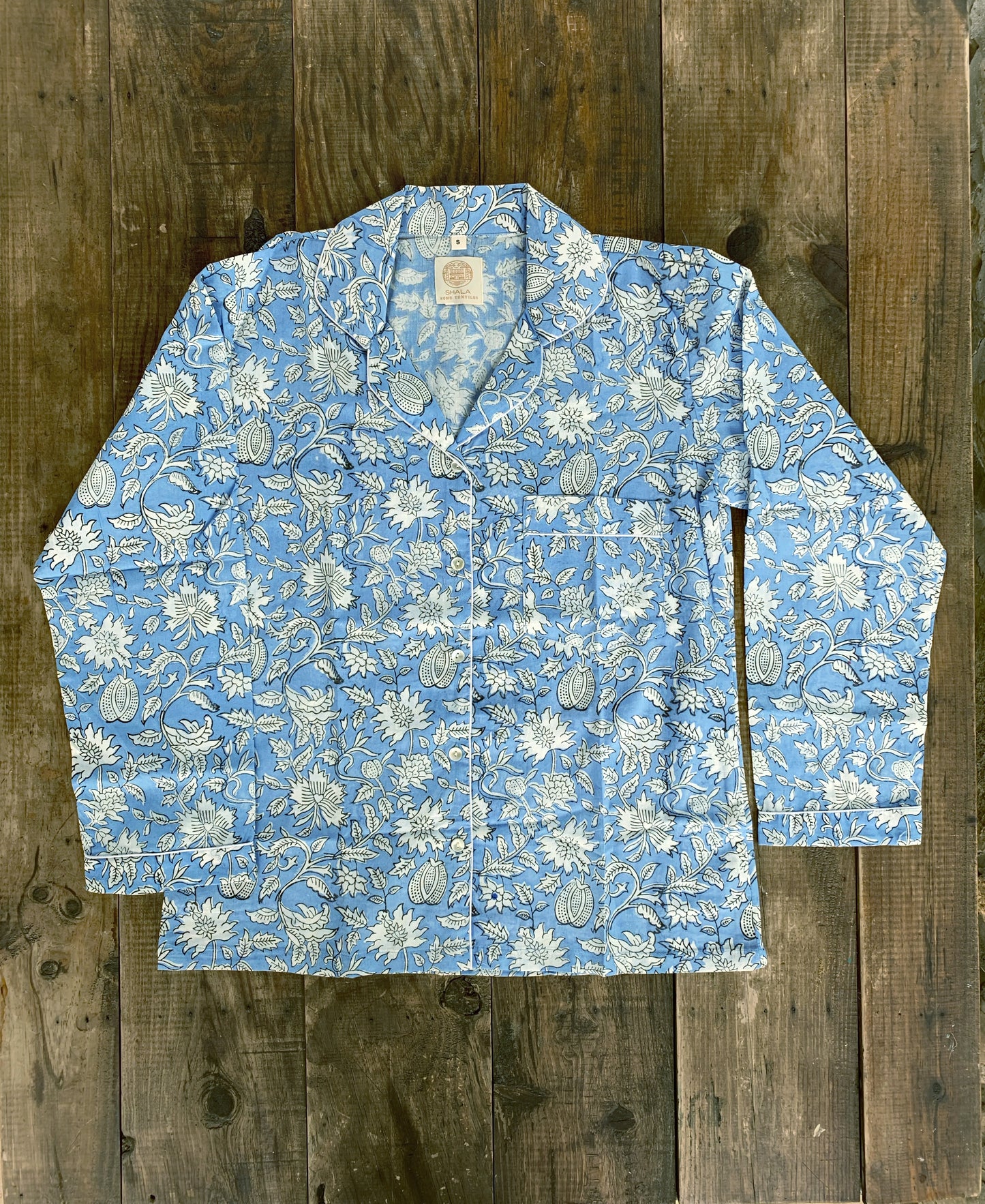 Long-sleeved pajamas and pants · Pure cotton block print handmade in India · 100% cotton winter pajamas · Bordeaux flowers