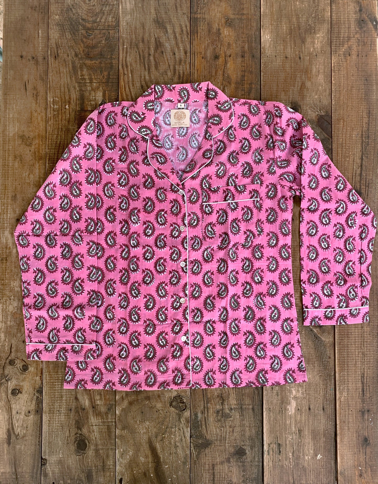 Long-sleeved pajamas and pants · Pure cotton block print handmade in India · 100% cotton winter pajamas · Bordeaux flowers