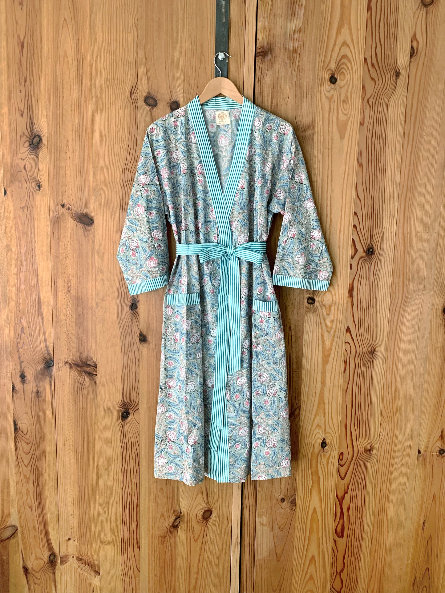 Kimono robe · Pure cotton block print handmade in India · Bride robe · Bridesmaid robe · Boho kimono · Water green pink flowers