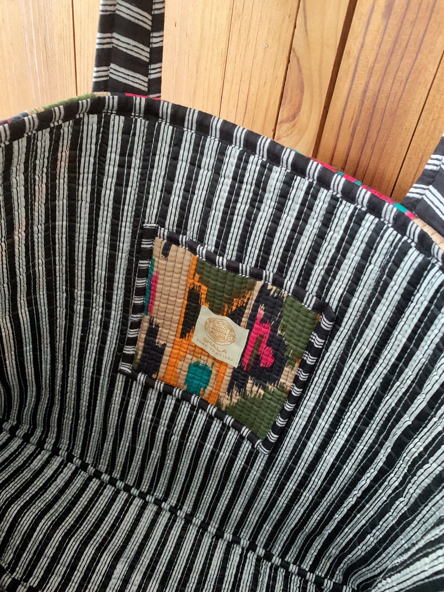 Bolso tote acolchado · Algodón puro estampado block print en India · Bolso hombro enguatado boho hindú · Ikat navajo verde