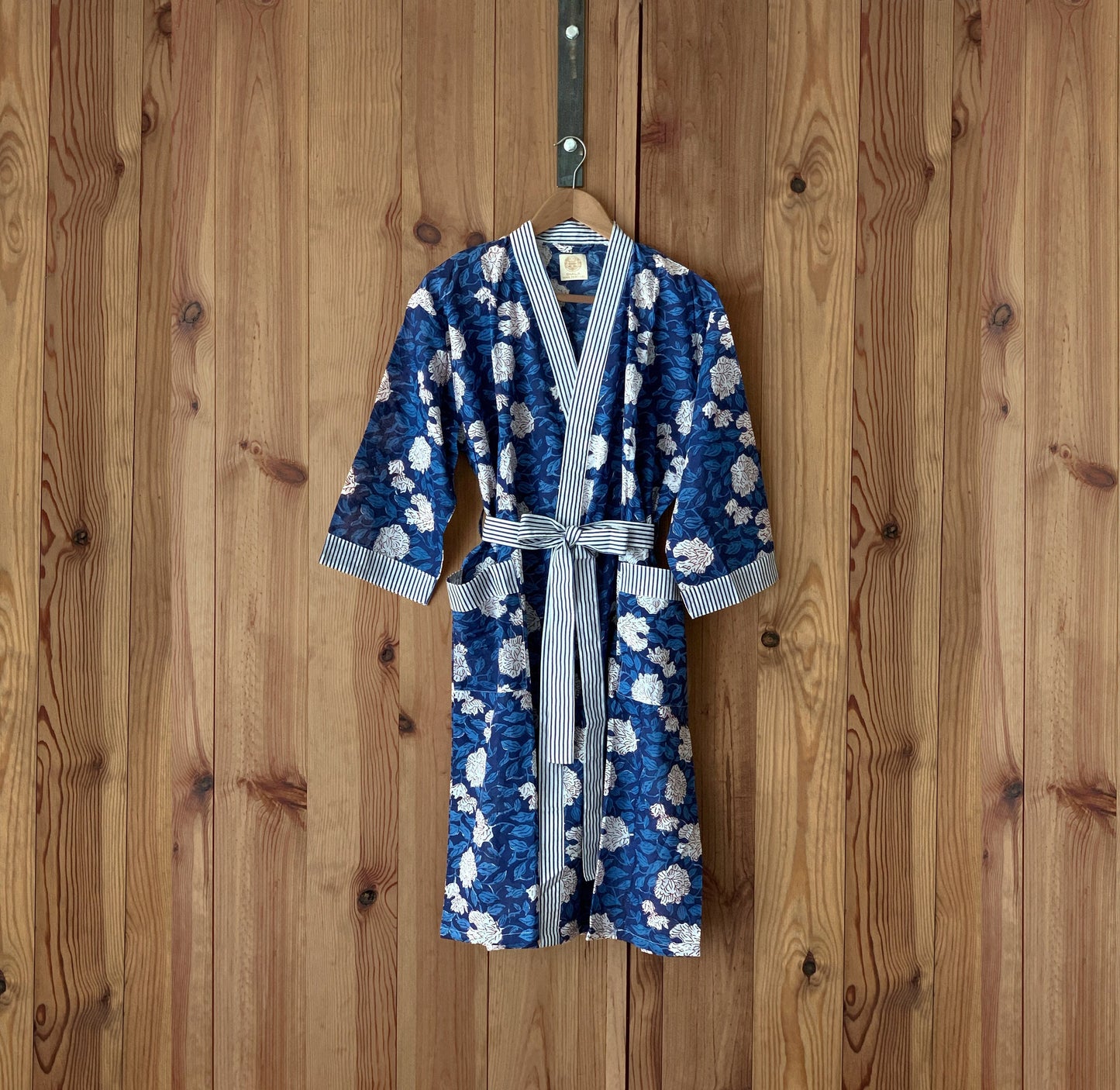 Kimono robe · Pure cotton block print handmade in India · Bride robe · Bridesmaid robe · Boho kimono · Blue white flowers