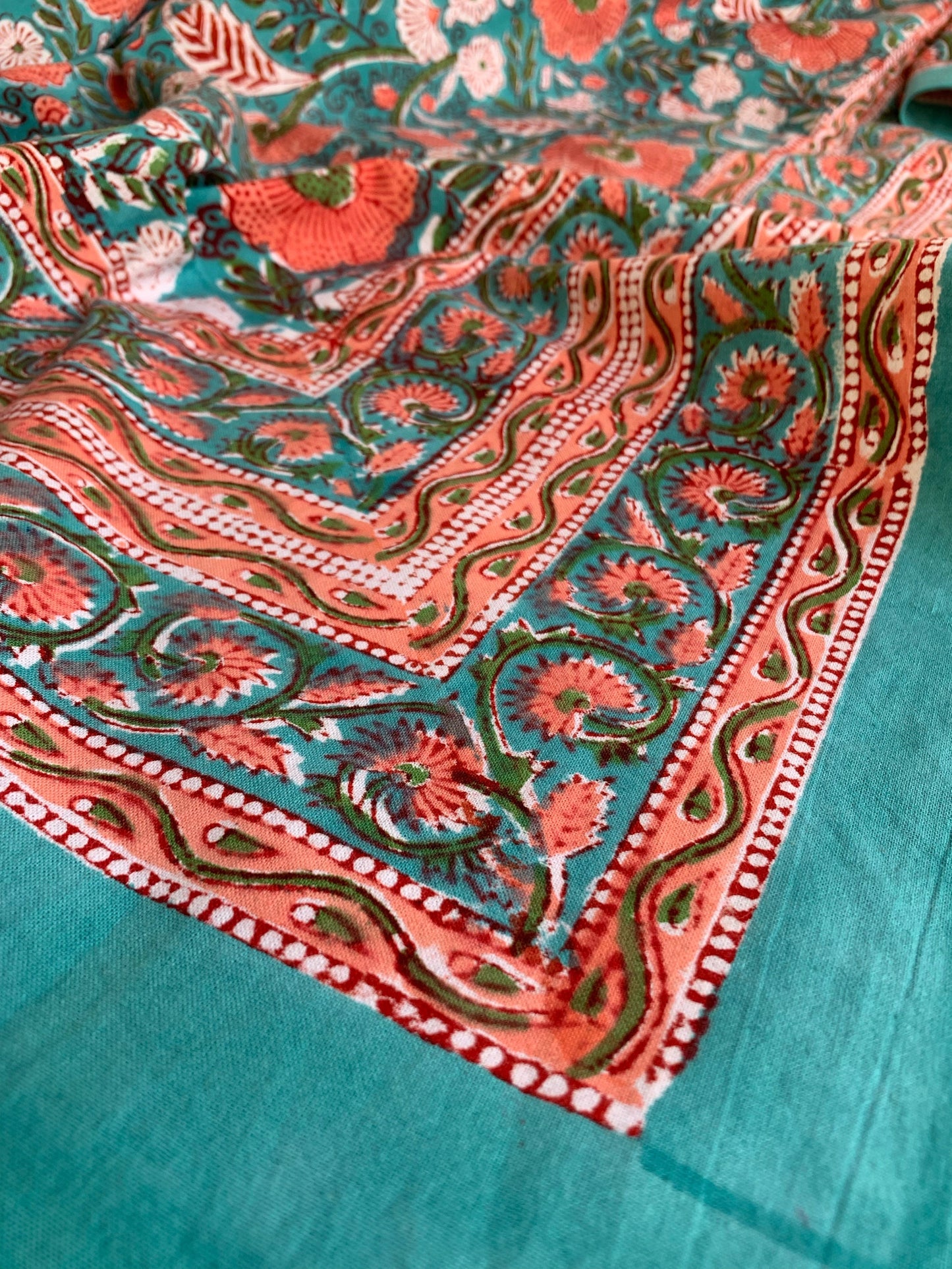 Pure cotton block print tablecloth handmade in India · Square 4 diners · Boho chic tablecloth 100% Indian cotton · Turquoise and coral