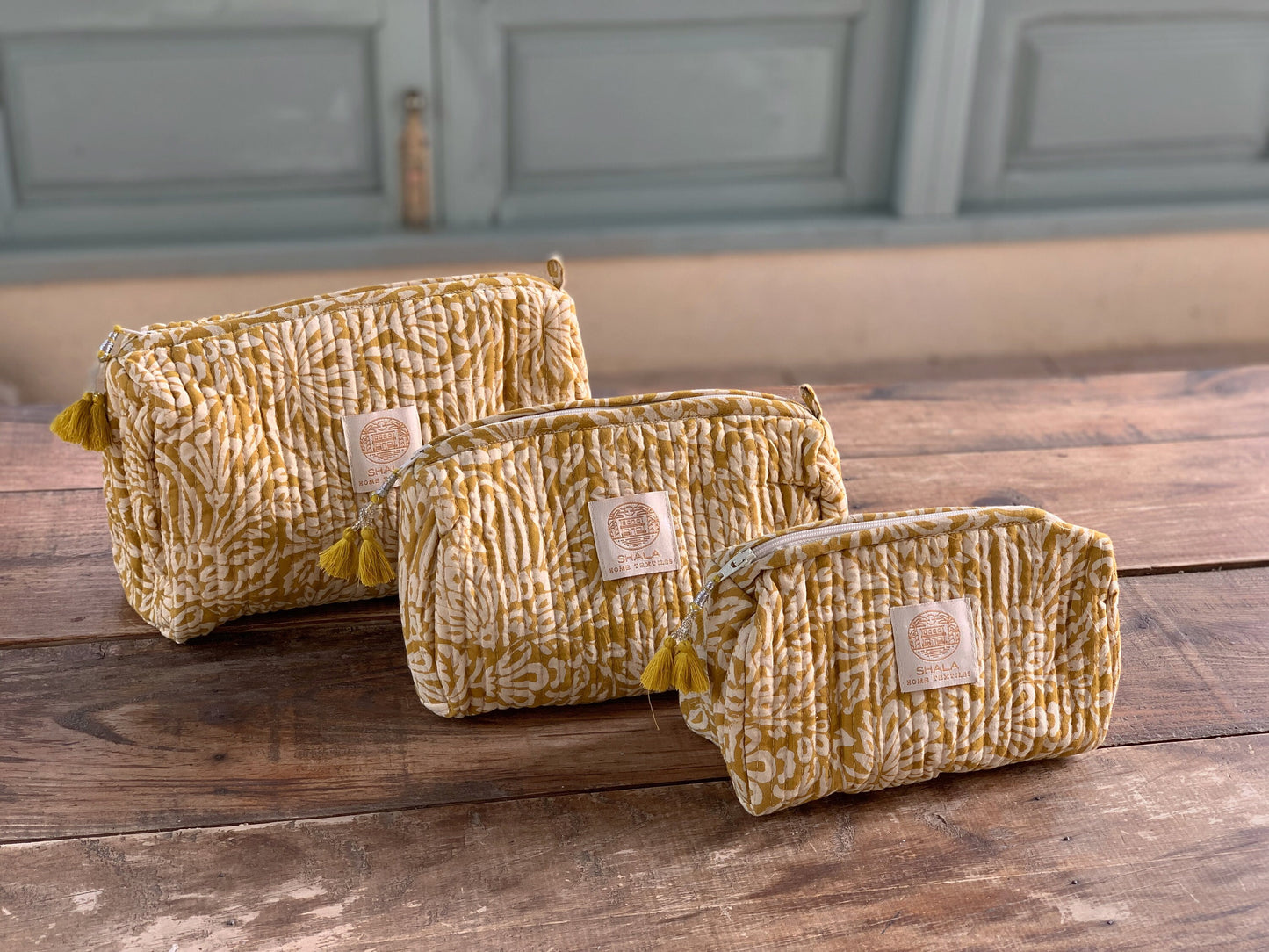 Padded toiletry bag · Pure cotton block print in India · Padded make-up bag, carry-all · Mustard