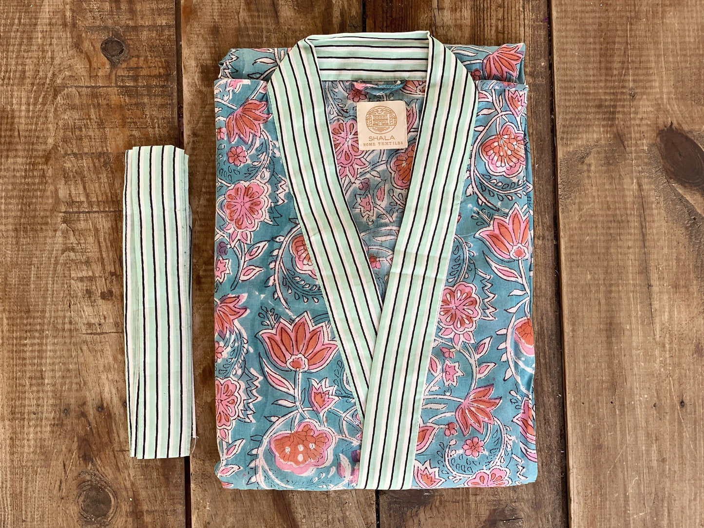 Kimono robe · Pure cotton block print handmade in India · Bride robe · Bridesmaid robe · Boho kimono · Water green pink flowers