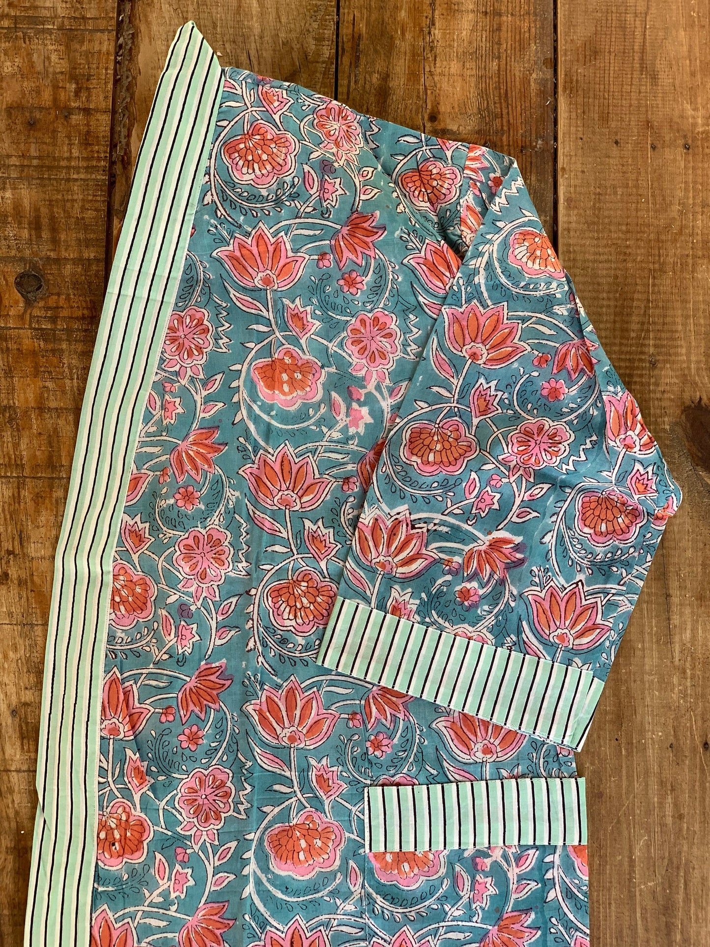 Kimono robe · Pure cotton block print handmade in India · Bride robe · Bridesmaid robe · Boho kimono · Water green pink flowers