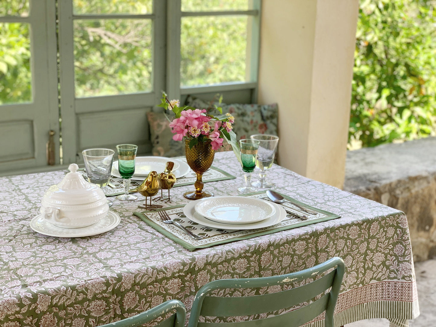 Pure cotton block print tablecloth handmade in India · Six diners · Boho chic tablecloth 100% Indian cotton · Sage green