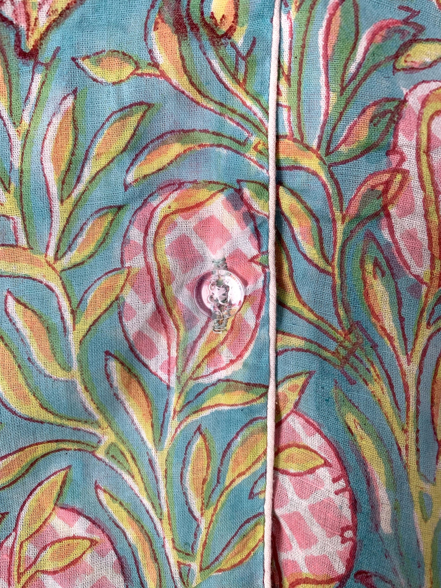 Short-sleeved and pants pajamas · Pure cotton block printed in India · 100% cotton summer pajamas · Turquoise pink pineapples