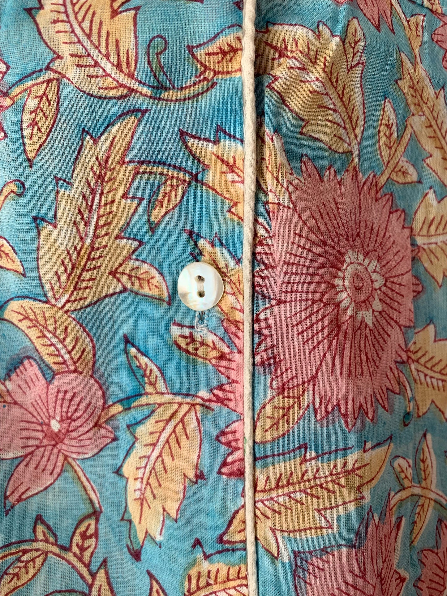 Long-sleeved pajamas and pants · Pure cotton block print handmade in India · 100% cotton winter pajamas · Turquoise pink flowers