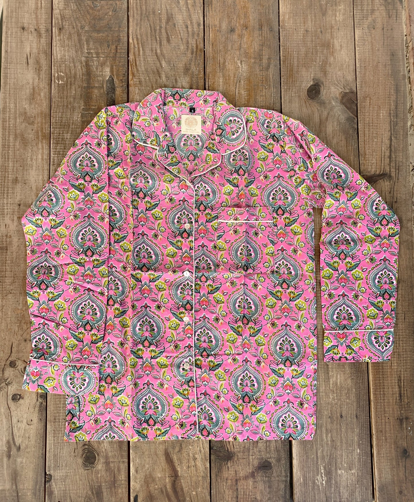 Gift SET Long-sleeved pajamas/trousers and matching slippers Pure cotton block print handmade in India Pink and green