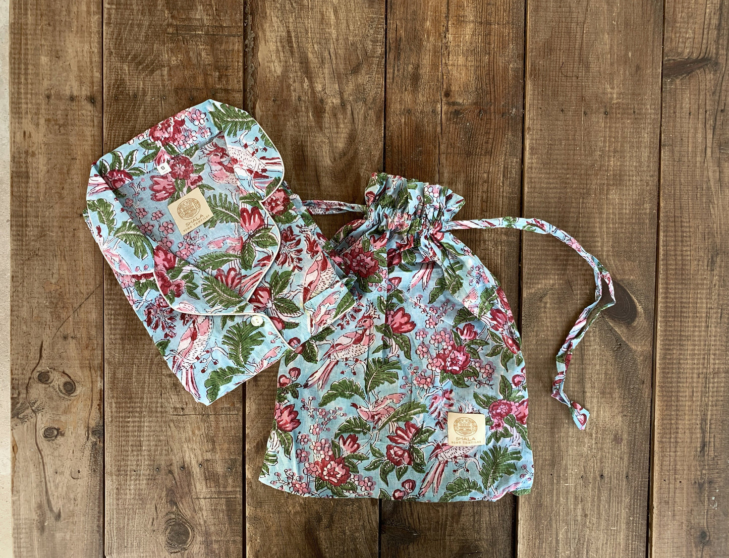 Gift SET Long-sleeved nightgown & matching slippers Pure cotton block print handmade in India Blue and pink mix