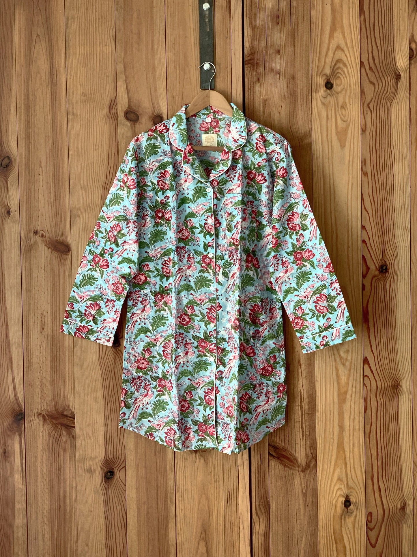 Gift SET Long-sleeved nightgown & matching slippers Pure cotton block print handmade in India Blue and pink mix