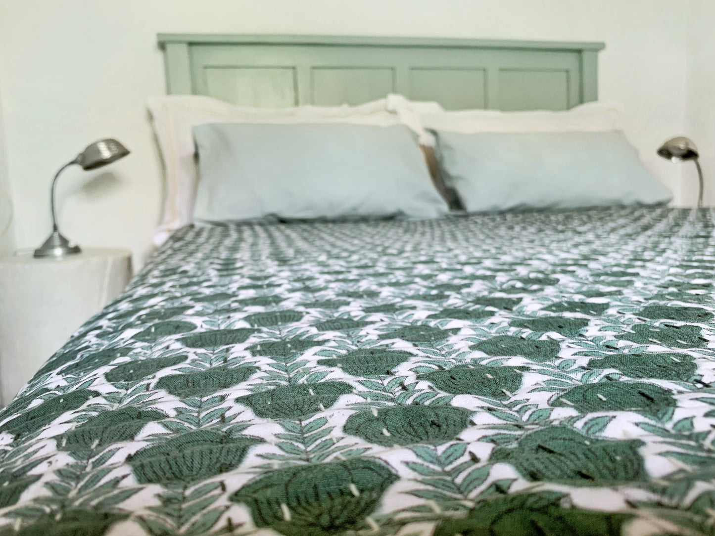 Kantha algodón 100% estampado artesanal block print India · Plaid · Colcha verano · Cubre sofá hindú · Flores verde