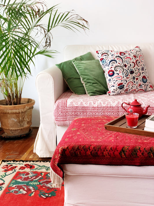 Kantha algodón 100% estampado artesanal block print India · Plaid · Colcha verano · Cubre sofá hindú · Motivos rojo blanco