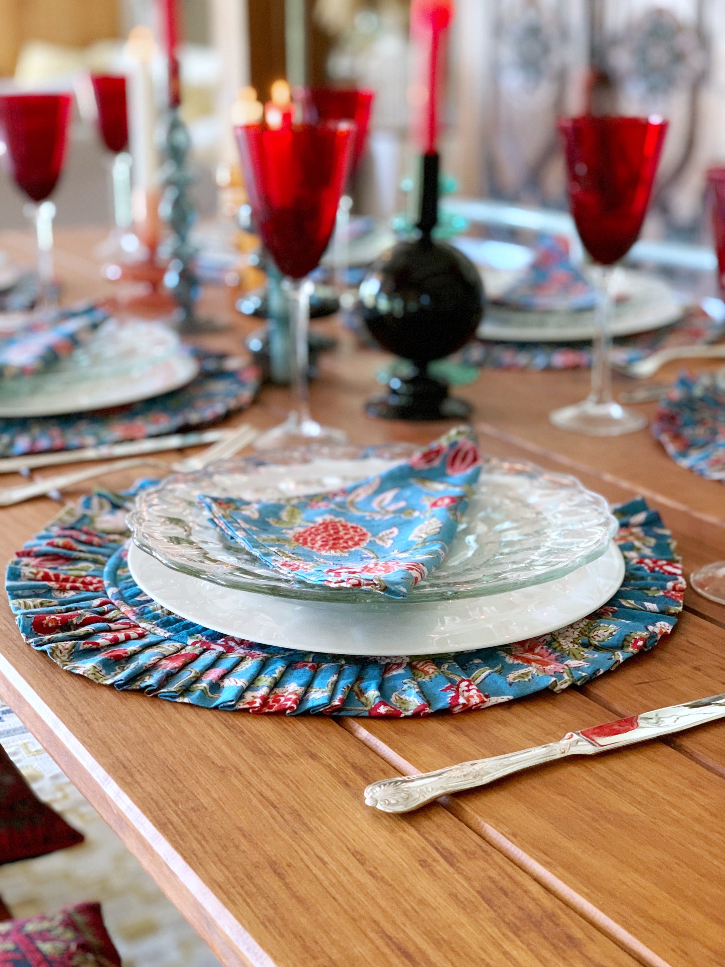 Round quilted ruffled placemat plus napkins Pure cotton block print in India Set of 2 Turquoise flowers