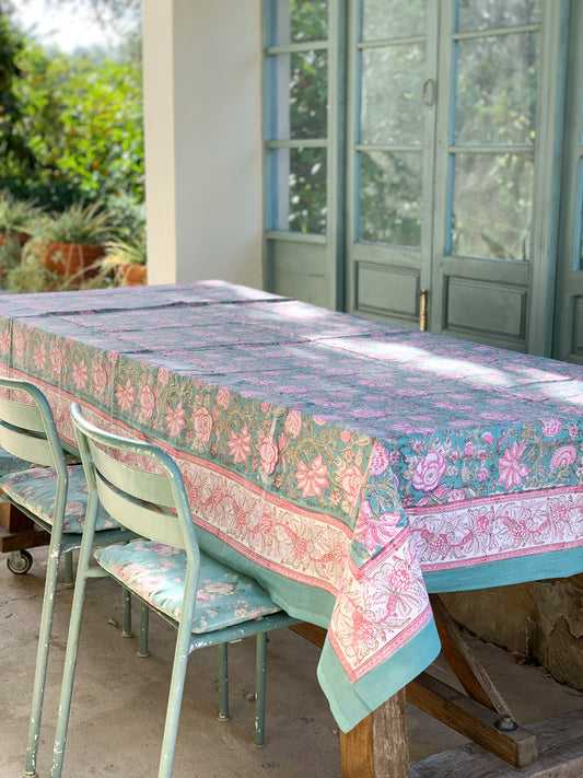 Mantel algodón puro estampado block print artesanal en India · Seis comensales · Mantel boho chic 100% algodón hindú · Flores turquesa rosa