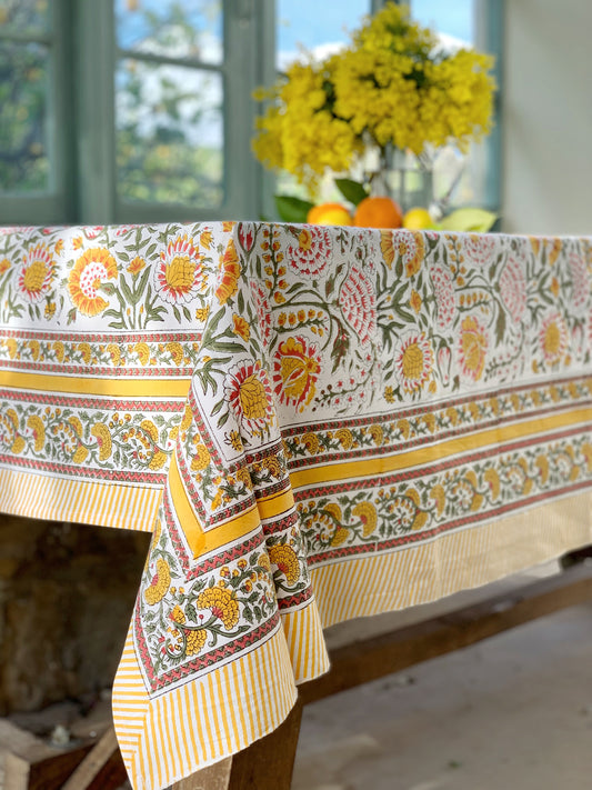 Mantel algodón puro estampado block print artesanal en India · Seis comensales · Mantel boho chic 100% algodón hindú · Blanco flor amarillo