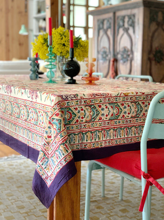 Mantel algodón puro estampado block print artesanal en India · Seis comensales · Mantel boho chic 100% algodón hindú · Crema flores colores