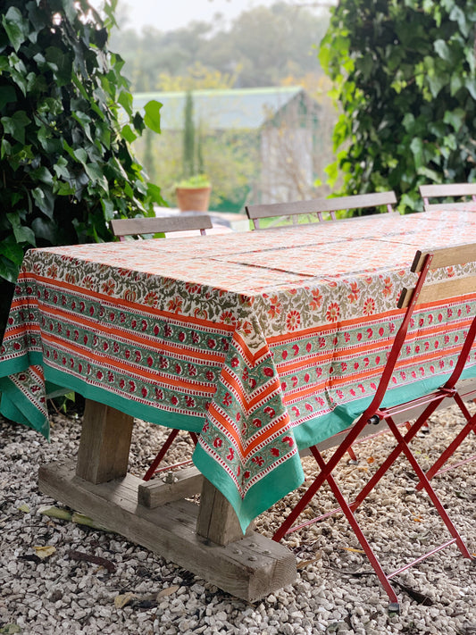 Mantel algodón puro estampado block print artesanal en India · Seis comensales · Mantel boho chic 100% algodón hindú · Turquesa coral