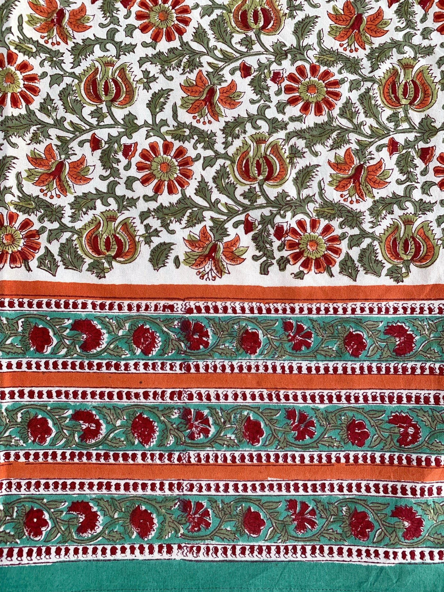 Mantel algodón puro estampado block print artesanal en India · Seis comensales · Mantel boho chic 100% algodón hindú · Turquesa coral