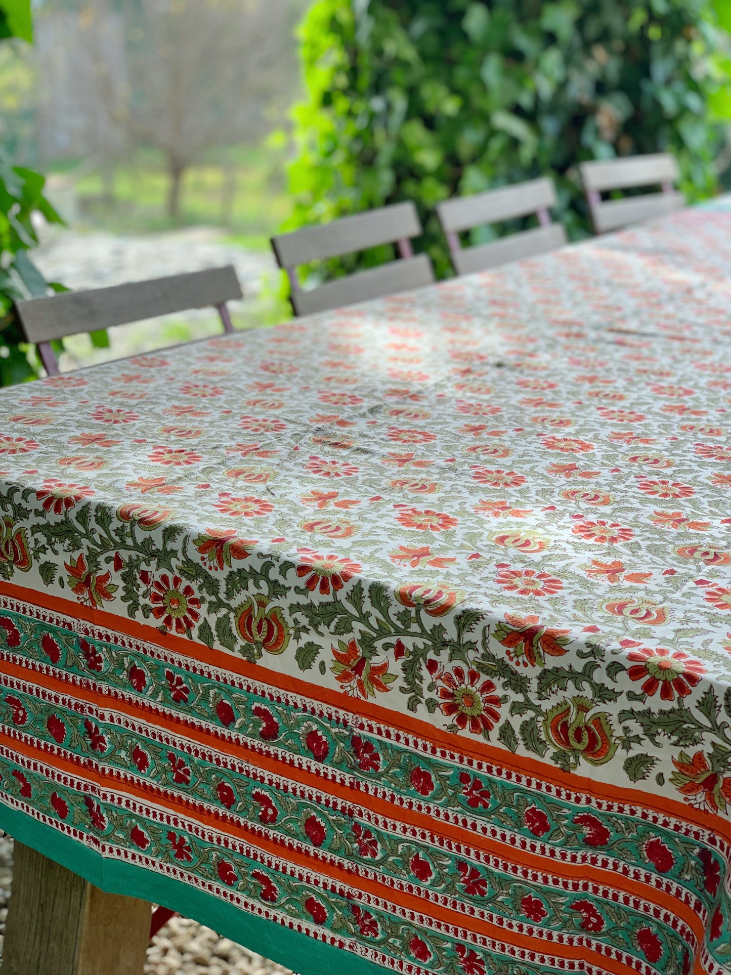 Mantel algodón puro estampado block print artesanal en India · Seis comensales · Mantel boho chic 100% algodón hindú · Turquesa coral