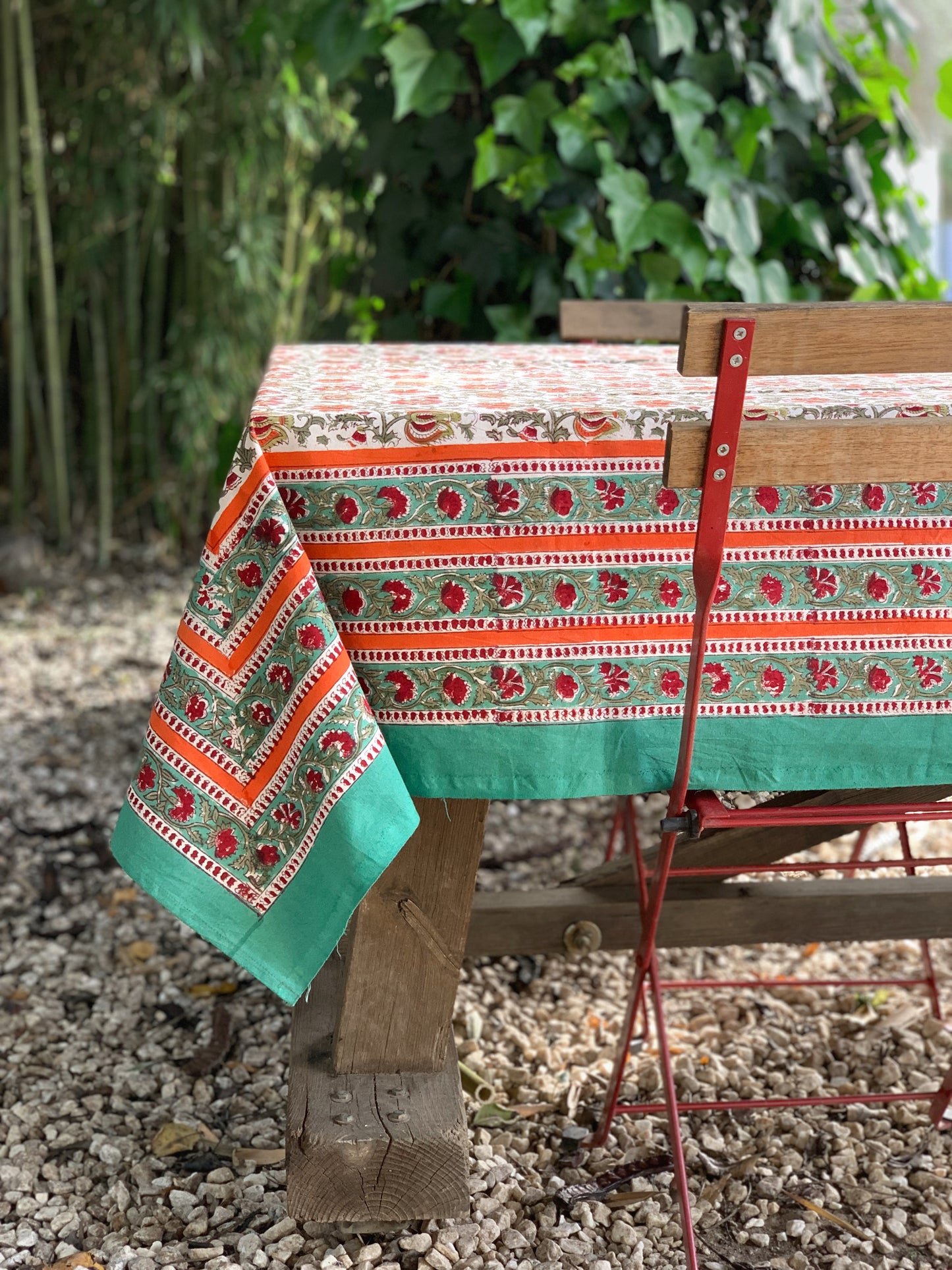 Mantel algodón puro estampado block print artesanal en India · Seis comensales · Mantel boho chic 100% algodón hindú · Turquesa coral