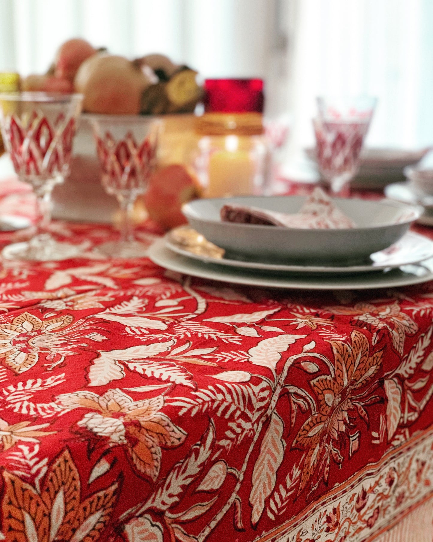 Mantel algodón puro estampado block print artesanal en India · Varias medidas a elegir · Mantel boho chic 100% algodón hindú · Rojo y naranja