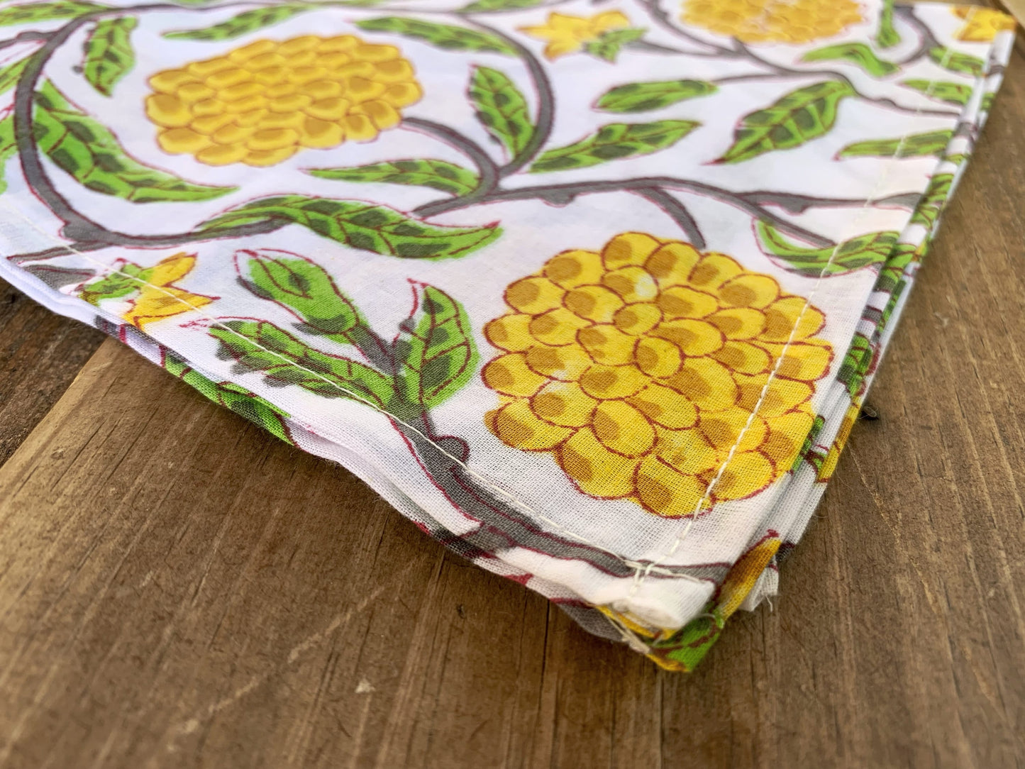 Round quilted placemat with ruffle plus napkins Pure cotton block print in India Set of 2 Yellow pineapples