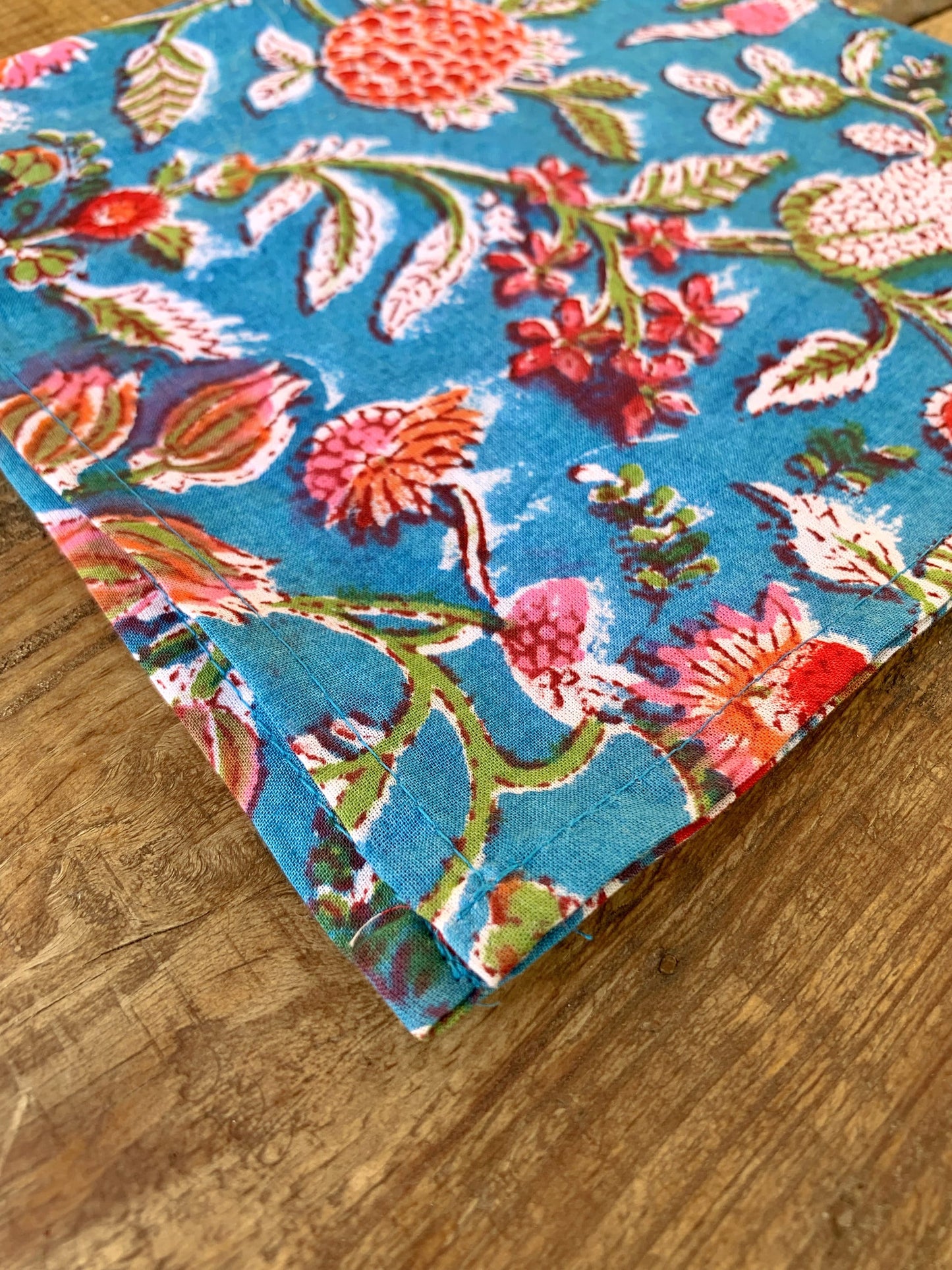 Round quilted ruffled placemat plus napkins Pure cotton block print in India Set of 2 Turquoise flowers