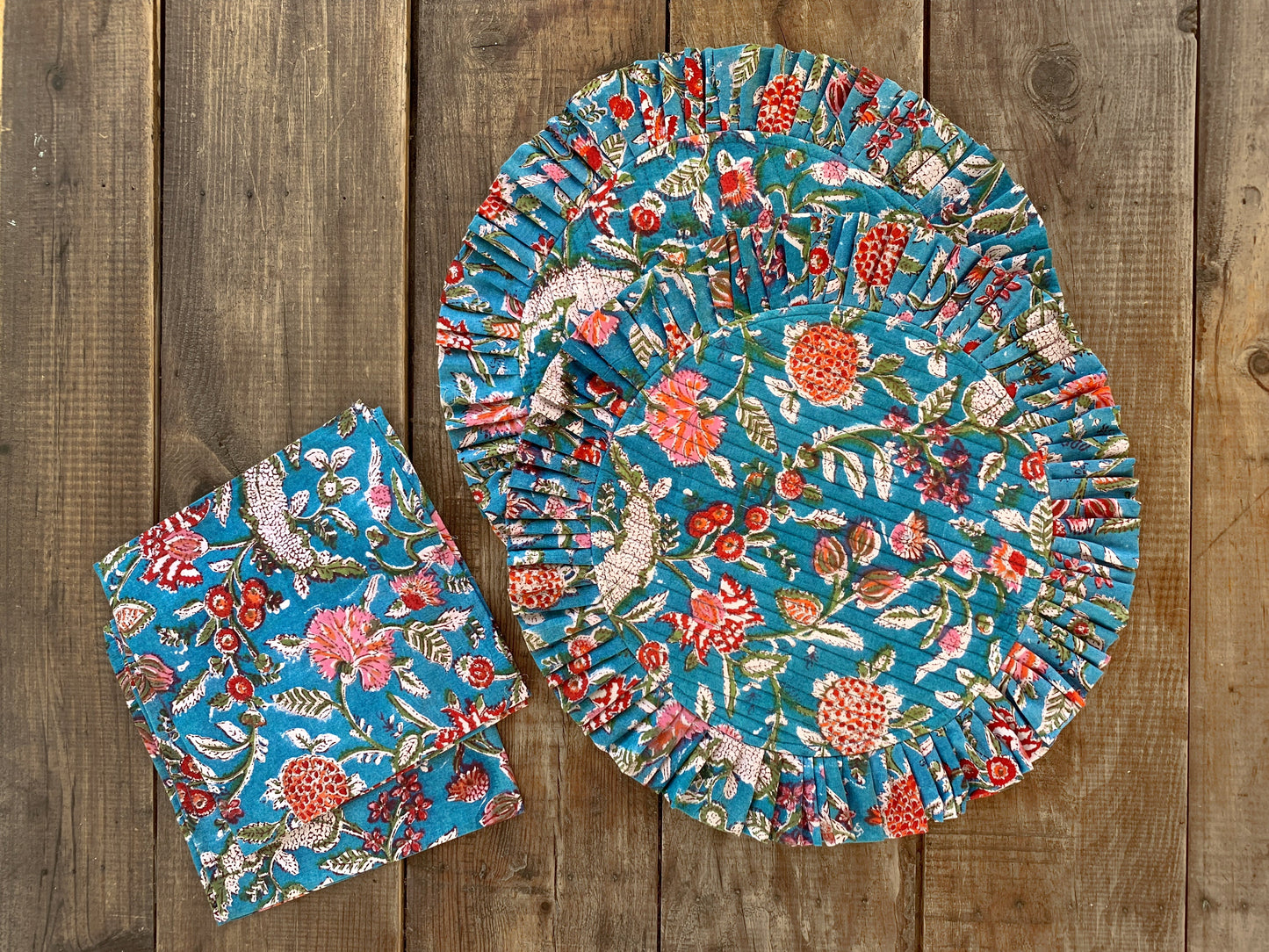 Round quilted ruffled placemat plus napkins Pure cotton block print in India Set of 2 Turquoise flowers