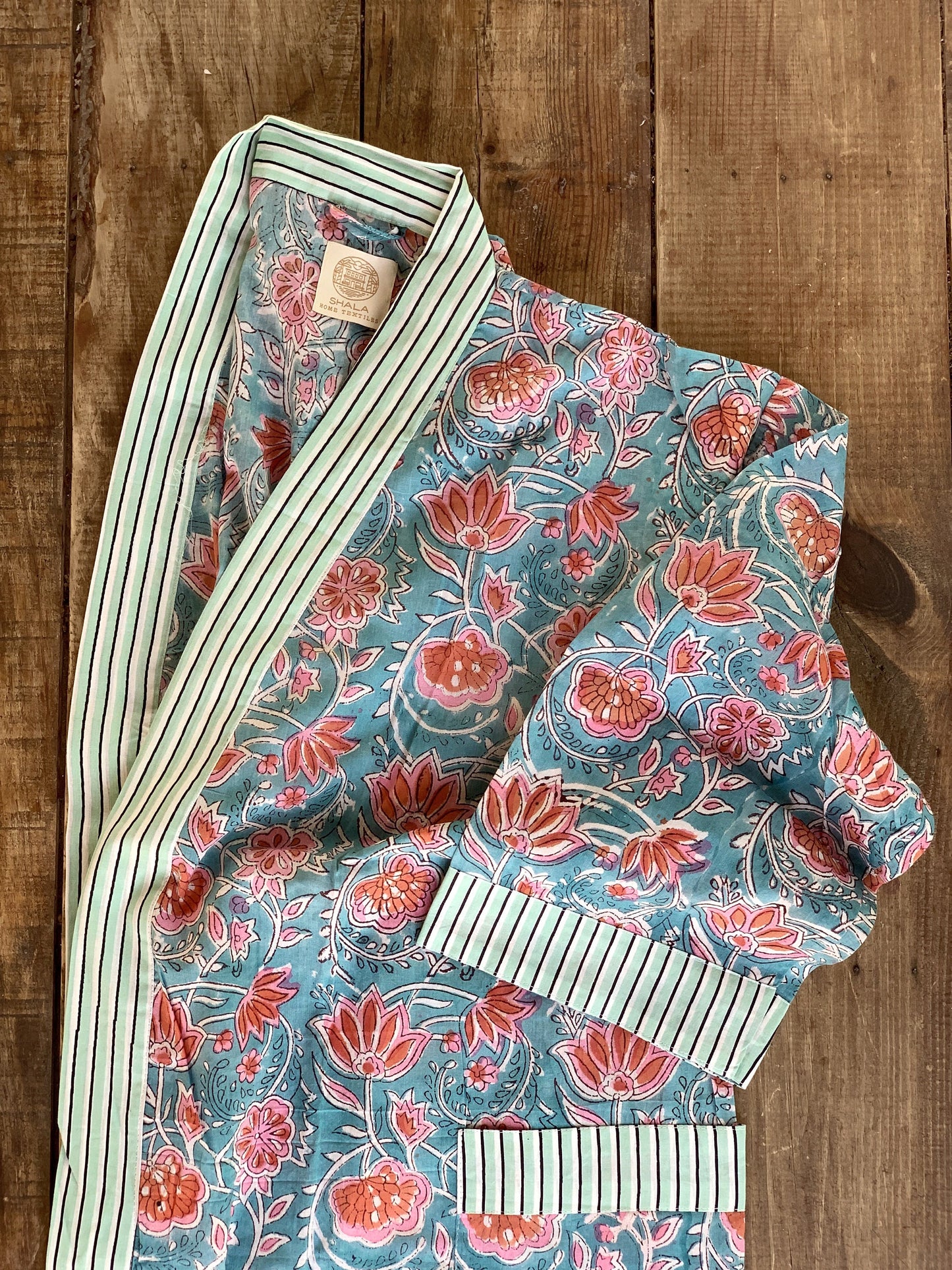 Bata kimono · Algodón puro estampado block print artesanal en India · Bata novia · Bata dama honor · Kimono boho · Verde agua flores rosa