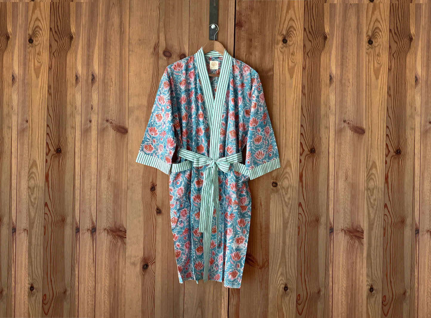 Bata kimono · Algodón puro estampado block print artesanal en India · Bata novia · Bata dama honor · Kimono boho · Verde agua flores rosa