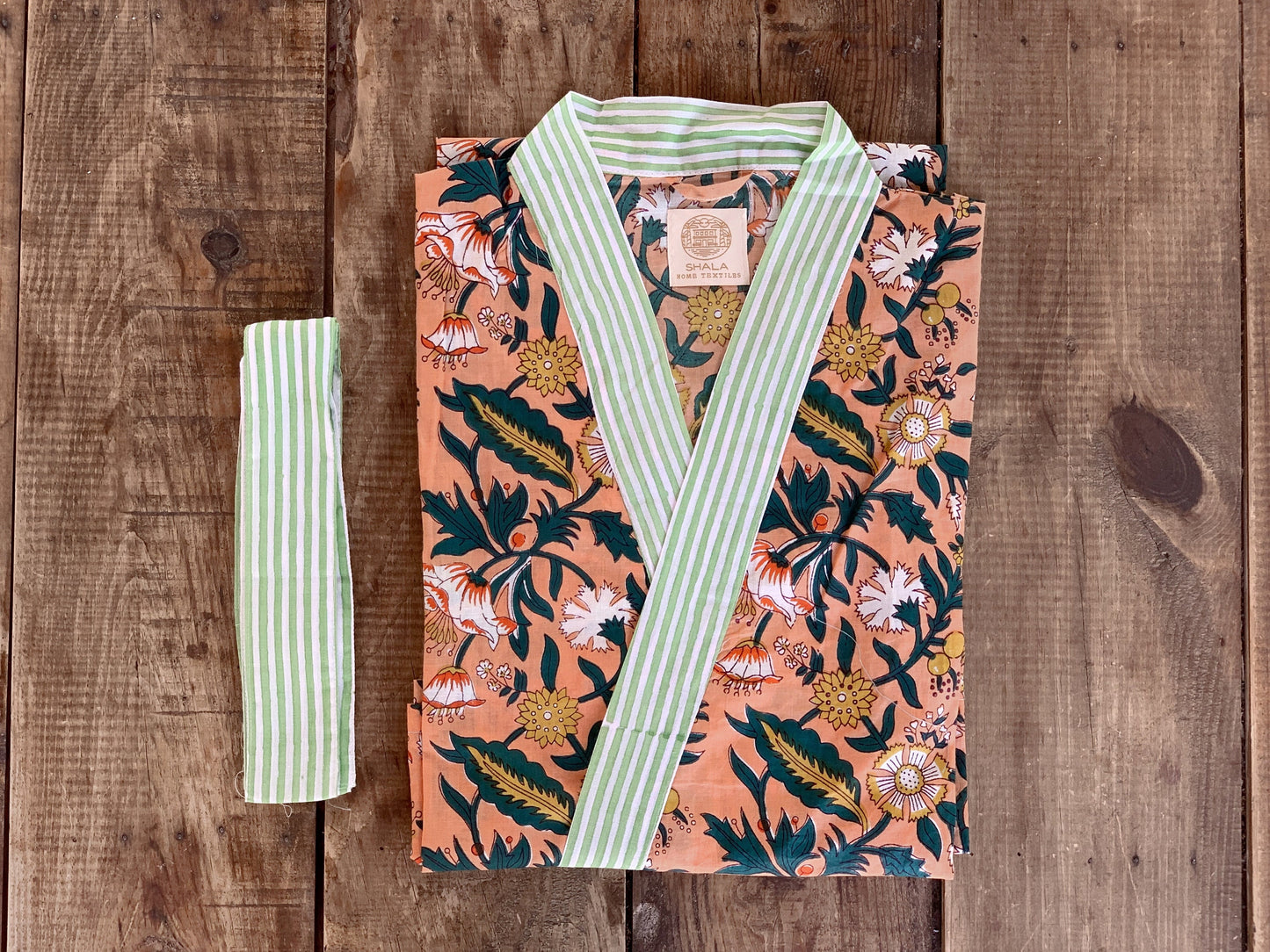 Kimono robe · Pure cotton block print handmade in India · Bride robe · Bridesmaid robe · Boho kimono · Salmon green flowers
