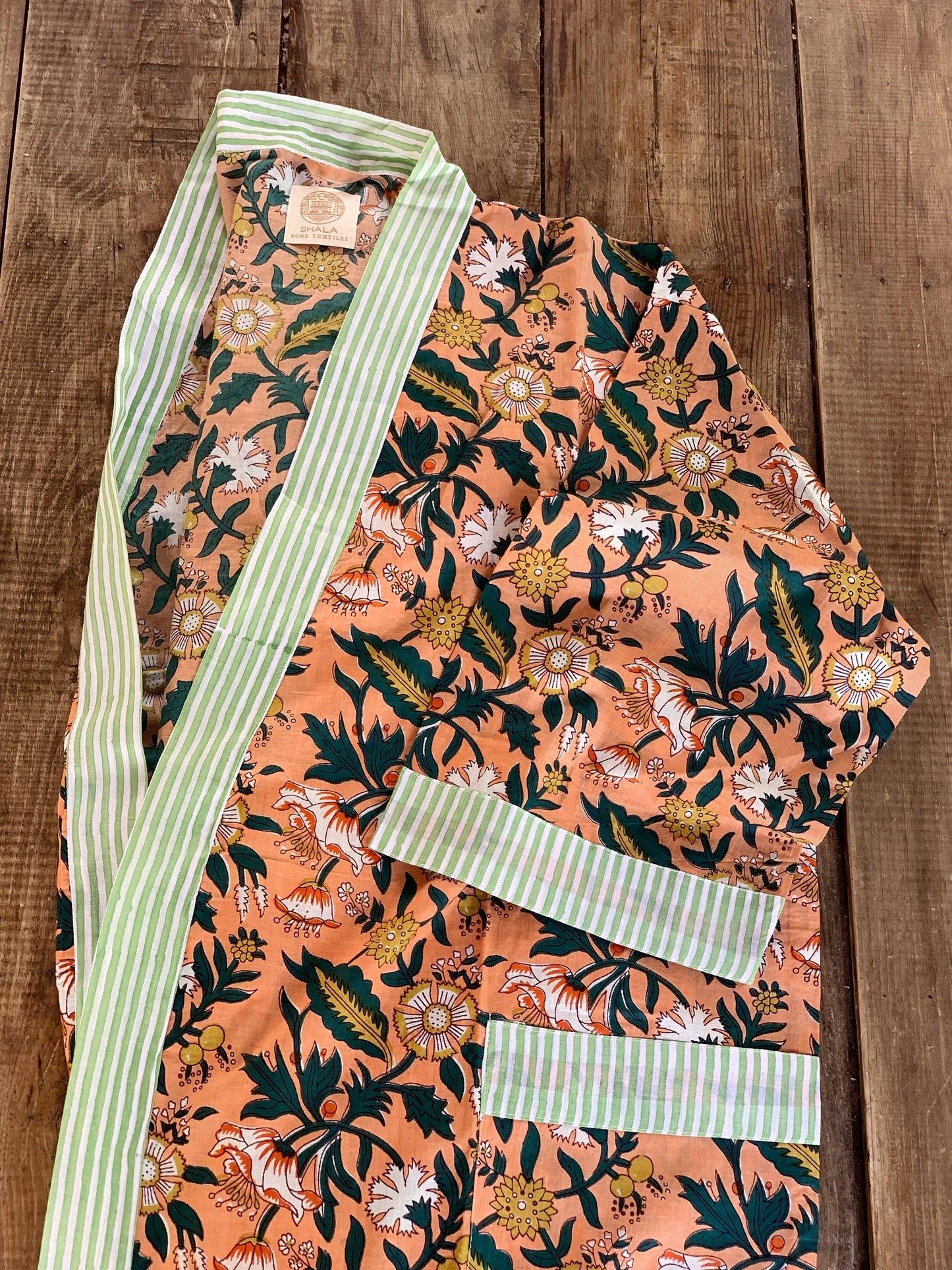 Kimono robe · Pure cotton block print handmade in India · Bride robe · Bridesmaid robe · Boho kimono · Salmon green flowers
